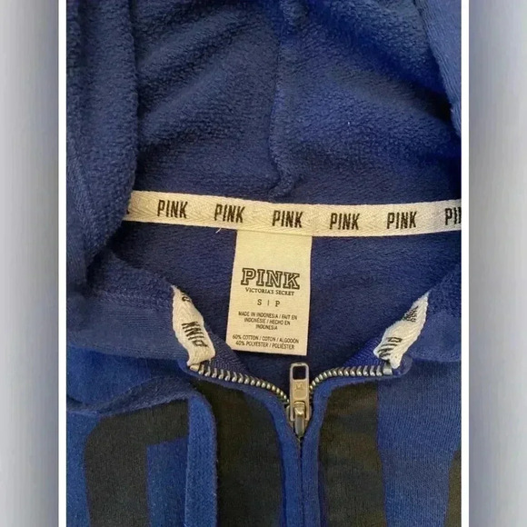 PINK Victoria’s Secret Blue Black Full Zip Oversized  Hoodie Size Small - Picture 4 of 5